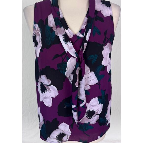 Banana Republic Factory XS Blouse Sleeveless Purple Black White Floral - Picture 2 of 7